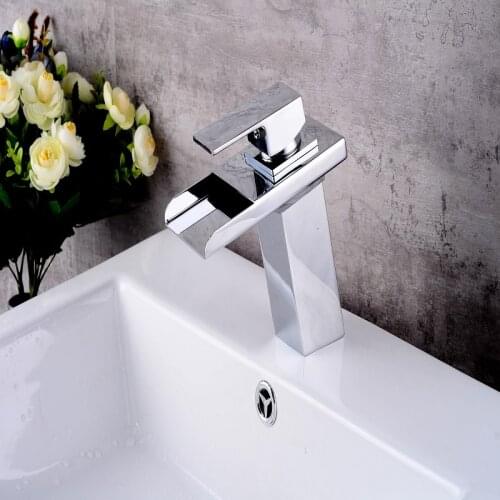 Notched LED Washbasin Brass Waterfall Temperature Color Changeable Bathroom Deck Mounted Sink Glass Faucet