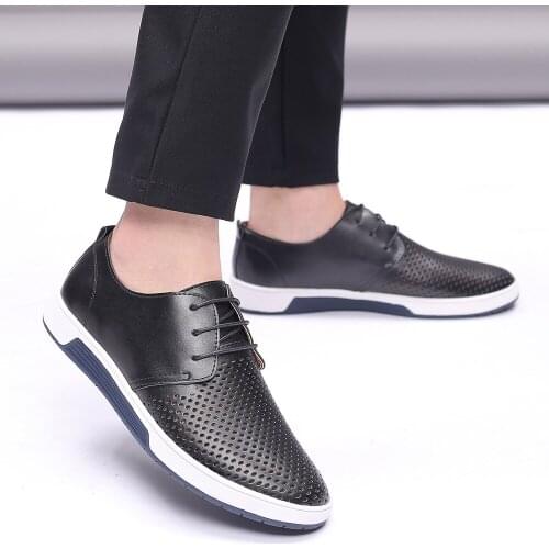 2021 Men Casual Shoes Genuine Leather Summer Breathable Holes Luxurious Brand Flat Shoes For Mens Lace Up Loafers Dancing Shoes