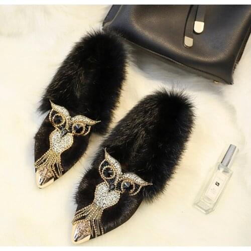 Womens Pointed Metal Toe Real Rabbit Fur Crystal Owl Diamond Bling Ankle Boots Block Med Heel Warm Winter Luxury Shoes Gray