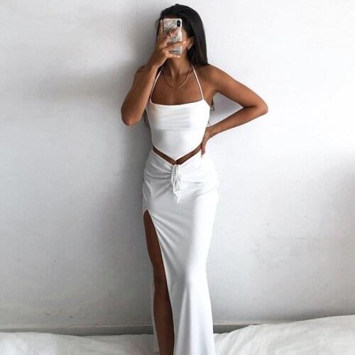 Fashion Shirring Women Two Piece Set Bandage Top+Side Split Midi Skirt Stacked 2021 Summer Trend Clubwear Outfits New