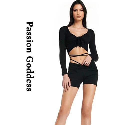 2 Piece Drawstring Shirts Shorts Sets Sexy Women Hollow Out Bandage Cropped Shirts High Waist Biker Shorts Slim Two Piece Suits
