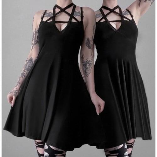New Arrival Pentagram Strap Gothic Dress Women Punk Grunge Slim Sexy Pareos 2020 A-Line Dark Sleeveless Summer Dresses Hot Sale