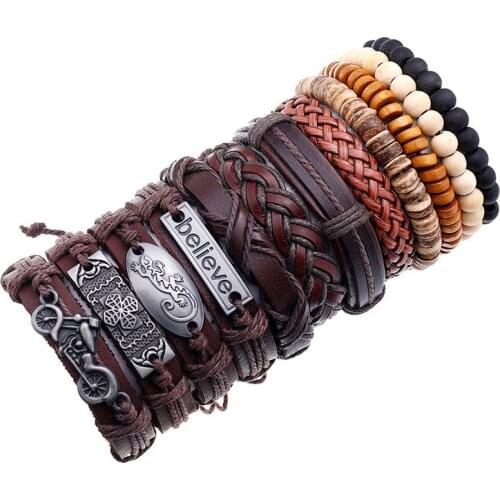 12Pcs/Set New Retro Woven Leather Bracelet Diy Suit Wooden Bead Bracelet