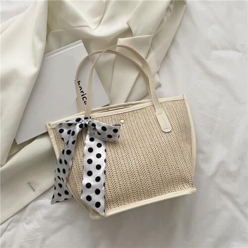 2021 Vintage Women Straw Woven Silk Scarf Large Capacity Shopping Tote Bag Handbags Small Beach Women Summer Bags