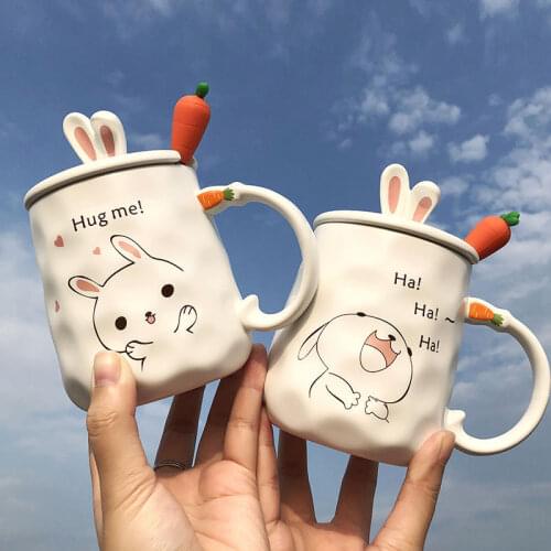 420ml Ceramic Rabbit mug with 3D cartoon stereo cup cover and radish Spoon Coffee Mug Creative Cute Couple Cup for girl gifts