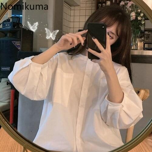 Nomikuma Women Tops Lantern Sleeve O-neck Causal Blouses Korean Single Breasted Double Pockets Blusas Shirt 2020 New 6B145