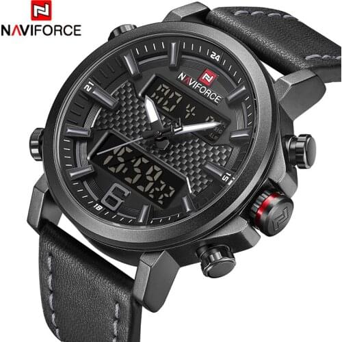 Top Luxury Brand NAVIFORCE Mens Sports Watches Men Quartz LED Digital Clock Men Fashion Leather Waterproof Military Wrist Watch