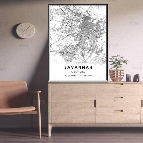 Black and White World City Map SAVANNAH Wall Art Canvas Poster Prints Nordic Style Paintings Picture for Living Room
