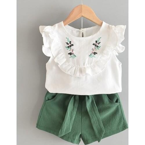 Girls Clothing Set 2021 Summer Fashion Flower Embroidery Butterfly Sleeve Top Short Pant +Bow Belt Casual 2PCS Suit for Kid 3-7Y