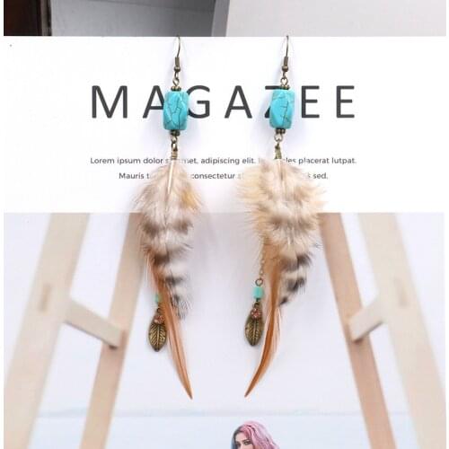 Brown Theme Feather Long Earrings with Turquoise Beads Natural Stone Lever Back Dangling Real Feather Earrings Hippie Boho KX04