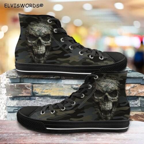 ELVISWORDS Camouflage Sugar Skull Pattern High Top Style Vulcanized Shoes for Men Casual Males Lace Up Sneakers Walking Shoes