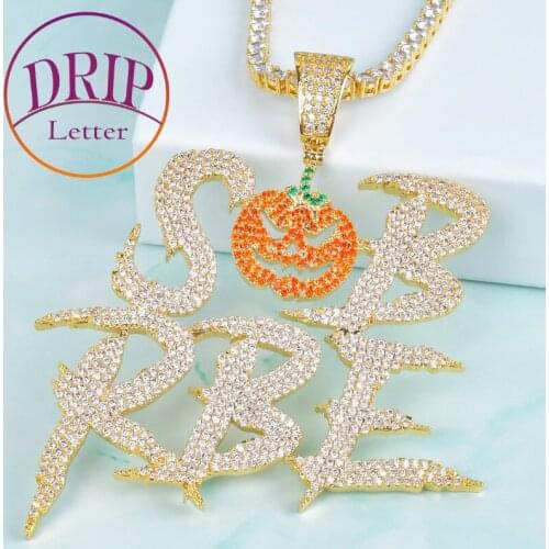 Pumpkin With Letters Pendant Orange Color Cubic Zircon For Mens Women Hip Hop Halloween Necklace Jewelry For Gift