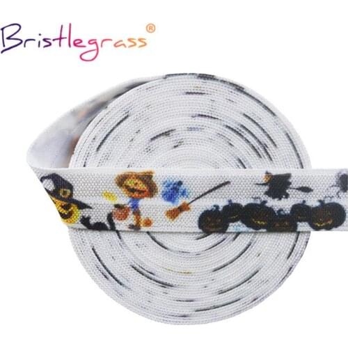 BRISTLEGRASS 2 5 10 Yard 5/8" 15mm Halloween Pumpkin Print Fold Over Elastic FOE Spandex Band Tape Hair Tie Headband Sewing Trim