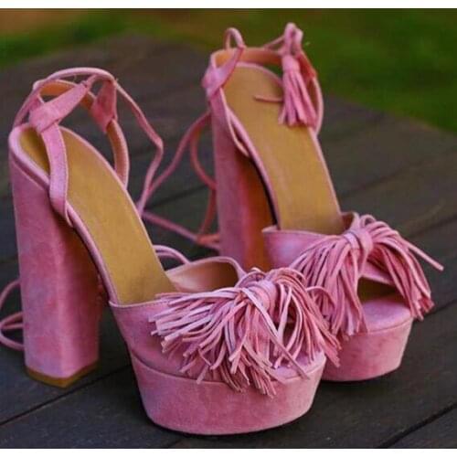 Summer Fringed Platform Woman Chunky High Heel Sandal Peep Toe Ankle Strap Tassel Lace up Shoes Sexy Party Dress Shoe