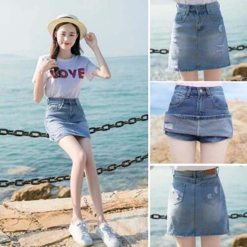 Summer women clothing denim mini students skirts anti-exposed fake two pieces women skirts cowboy solid color one-step skirts