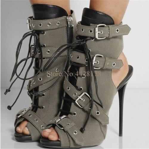 Fashion Army Green Cutouts Combat Ankle Boots For Woman Womens Peep Toe Lace Up Summer Sandals Boots Strap High Heel Shoes Woman
