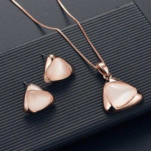 Fashion Opal Inlaid Irregular Metal Triangle Drop Pendent Earrings Necklace Set Korean Neck Ear Jewelry Sets for Women Girl Gift