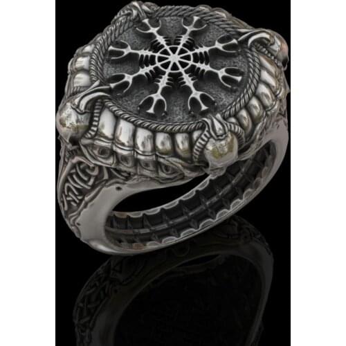 Skull Helm Of Awe Ring Mens Nordic Aegishjalmur Rings Gift Valkut Vintage Compass Amulet Jerwelry Goth