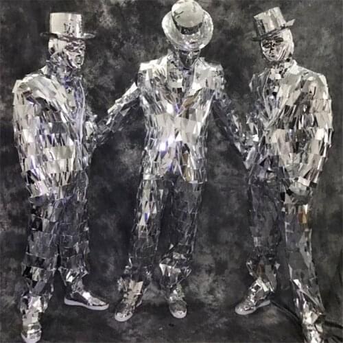 RE43 Party mirror men suit stage dance costumes silver mirror jacket bar perform wears mirror coat dj outfits silver disco mask