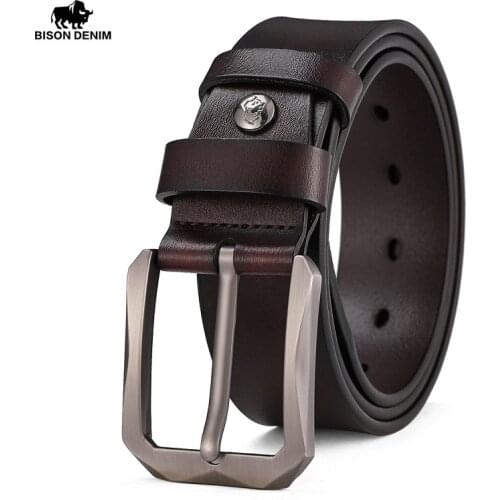 BISON DENIM Genuine Leather For Mens High Quality Buckle Jeans Cowskin Casual Belts Business Cowboy Waistband Male Designer