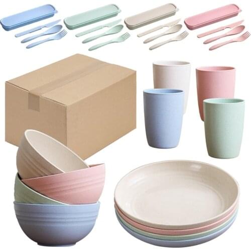 28Pcs Wheat Straw Dinnerware Set Colorful Dinner Plate Bowl Cup Knife Fork Spoon
