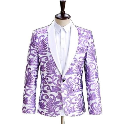 New Glitter Purple Sequins Velvet Embroidery Formal Blazers Mens Stage Costume Evening Party Singer Host Suit Jacket 3 Colors