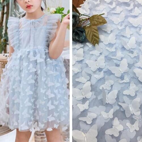Adorable Light Blue Butterfly 3D Applique Lace Fabric for Childrens Clothing DIY Party Gown Evening Long Dress Sell By the Yard