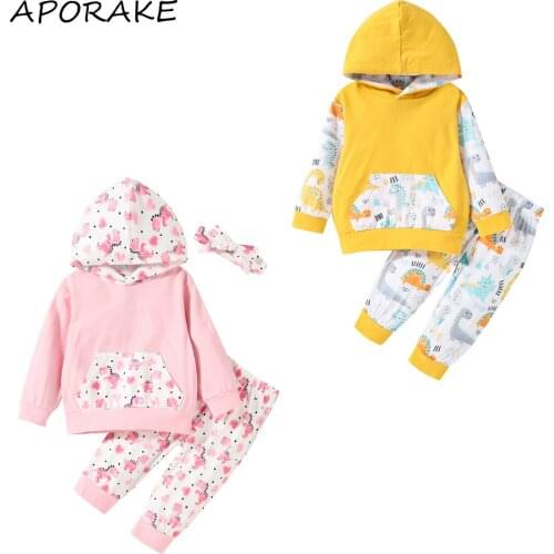 2021 0-24M Autumn Baby Girl Clothes Set Cute Dinosaur Print Long Sleeve Hoodie With Pocket+Pants+Headband Casual 3pcs For Spring
