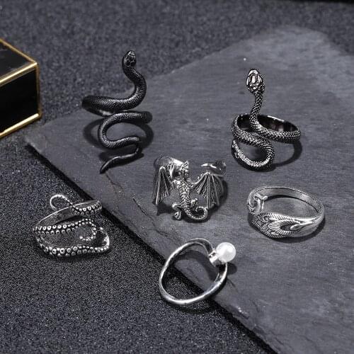 Punk Snake Rings Black Silver Color Metal Open Adjustable Design Animal Exaggerated Finger Ring for Women Men Party Jewelry Gift