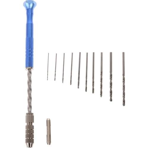 Semi Automatic Spiral Blue Mini Micro Hand Drill Chuck + 10 Pcs Twist Drill Bits Tool 0.8-3mm