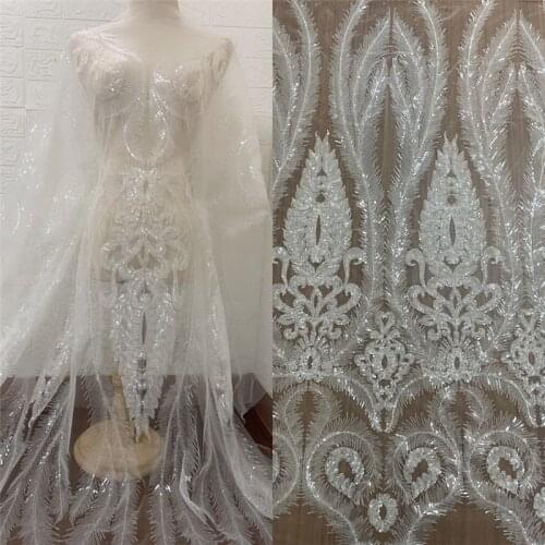 Clear Sequins Off White Gorgeous Africa Nigeria Fashion Embroidery Tulle Mesh Bridal Wedding Party Gown Dress Lace Fabric