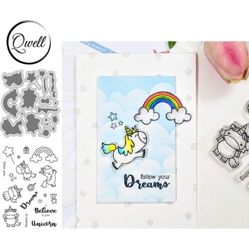 QWELL Happy Unicorn Metal Cutting Dies With Clear Transparent Stamps Rainbow Candy Gift Star Heart DIY Scrapbooking Craft 2020