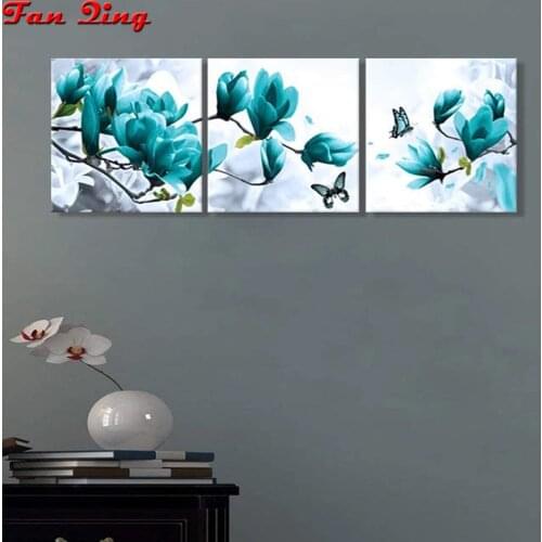 Triptych 5D Diy Diamond Painting Magnolia Butterfly Full Square Round Rhinestone Embroidery Cross Stitch Home Decoration