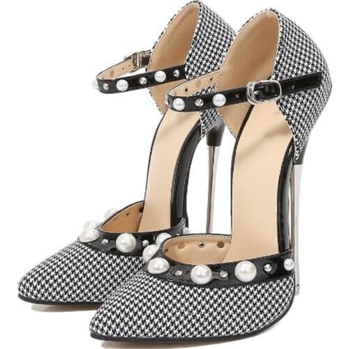 16cm Super High Heels Ankle Strap Sexy Pumps Plaid Cloth Fetish Stilettos Pole Dance Model Show Stripper Unisex Shoes Size 46