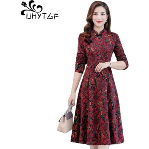 UHYTGF Middle-Aged Mom Spring Autumn Dress Long Sleeve Printed Vintage Dress Women Red Green Casual Plus Size Dresses Vestidos13