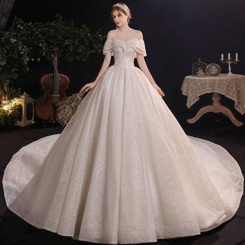 Vestido De Noiva Shining Ball Gown Wedding Dress Off the Shoulder Robes De Mariage Sequined Beading Princess Hochzeitskleid