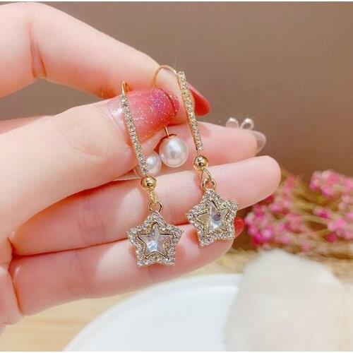 Vintage Gold Color Hook Pearl Crystal Star Drop Earrings For Women Girl Unusual Earring Party Geometric Korean Fashion Jewelry