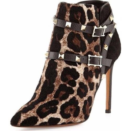 Handmade Leopard Flock Woman Heeled Ankle Boots Two Strappy Belt Decor Gold Rivets Shoes Thin Heels Sexy Pointed Toe Buckle Boot