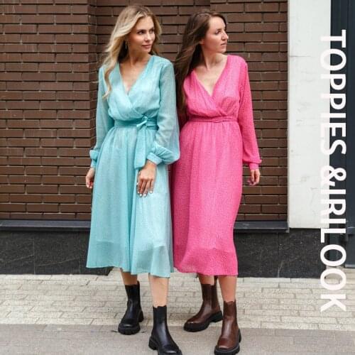 Toppies 2021 Women Dress Heart Print vestidos Wrap around v neck Long sleeve Fashion Pink Chiffon Dresses