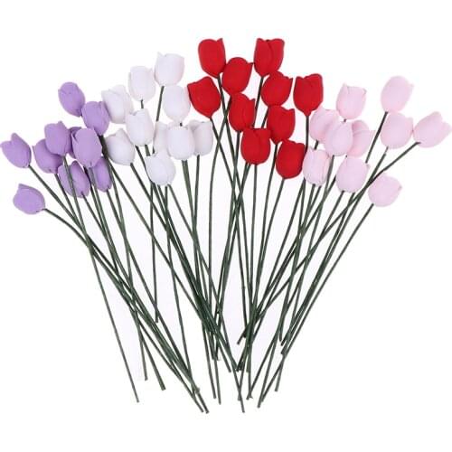 10pcs/set 1:12 Dollhouse Miniature Clay Tulip Ornament Flower Doll House Accessories