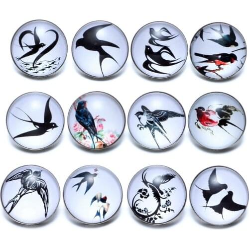 12pcs/lot Swallows Theme Glass Button 18mm Snap Button Charms For 18mm Snaps Bracelet Snap Jewelry KZ0663