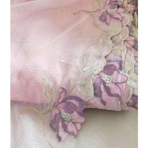 2 Yards Lace Trim Purple Lotus Flowers Embroidered Pink Tulle Lace 9 Inches Wide