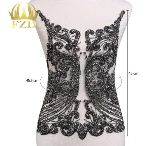 5 Pieces )Wholsale Black Beaded Applique Rhinestone Stone Large Patches with Gauze for DIY Wedding Dress and Evening Dress