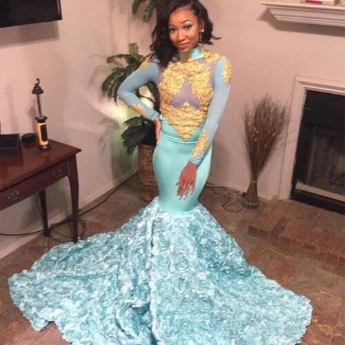 African 2020 Blue Mermaid Prom Dresses With 3D Flowers Skirt Sexy Illusion Long Sleeves Formal Evening Gowns Plus Size Elegant