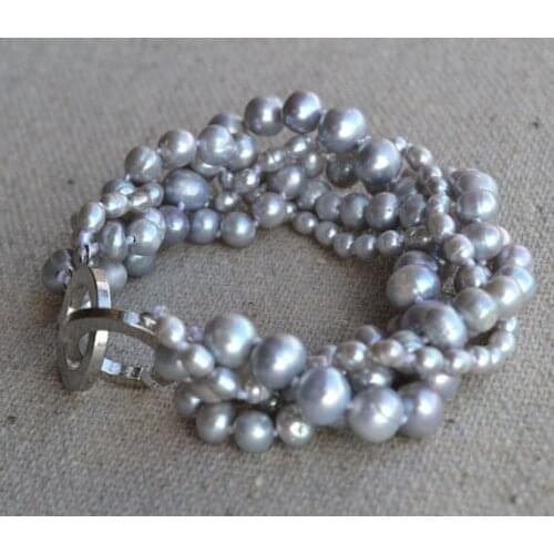 Perfect Womens Pearl Jewelry, Gray 100% Real Freshwater Pearl Bracelet,8 Inches AA 3-8mm 5Rows Fashion Ladys Jewelry