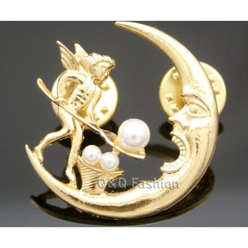 Antique Silver Plated Angel Fairy Feeding Moon Cresent Pearl Baroque Lapel Brooch Pin Jewelry New
