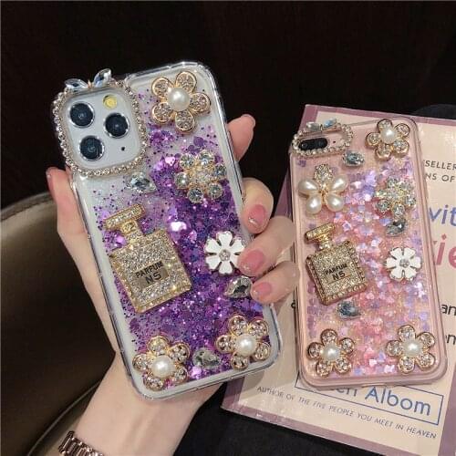 Diamond Flower Liquid Quicksand Phone Case For iPhone 12 11 Pro Max 12Mini X XR XS 7 8 Plus SE 2020 Case Luxury Rhinestone Cover