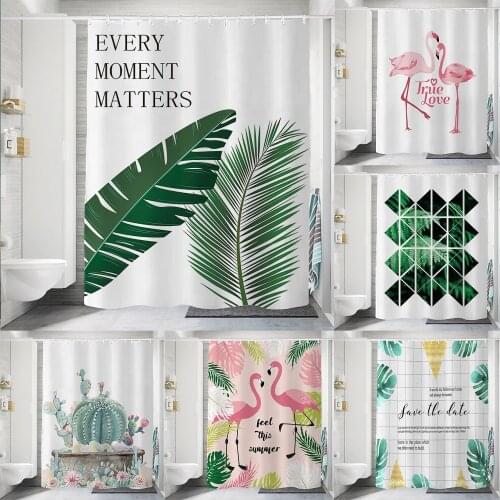 Fresh Plant Flamingo Print Shower Curtain Set Home Decoration Bathroom Curtains Fabric Waterproof Polyester With Hook YL-0037
