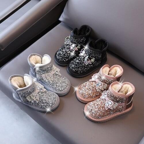 Childrens shoes Snow boots winter childrens shoes rhinestone bow childrens warm cotton shoes soft sole princess shoes