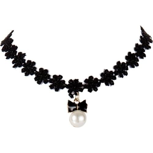 Two colors black and pink clavicle chain black lace bow pearl pendant short necklace